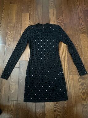 SHEIN Black Long-Sleeve Geometric Studded Bodycon Dress